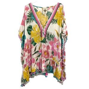 Z & L Hibiscus Floral Swim Coverup Poncho with Ball Tassels, Size S